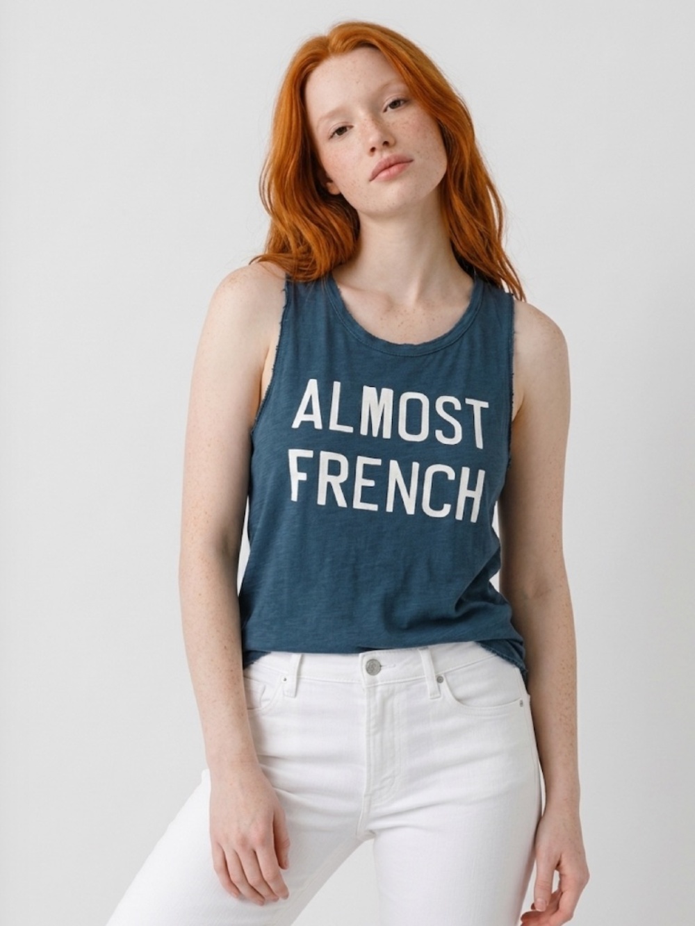 SUNDRY Almost French Graphic Tank Top Size 2 Blue Pima Cotton